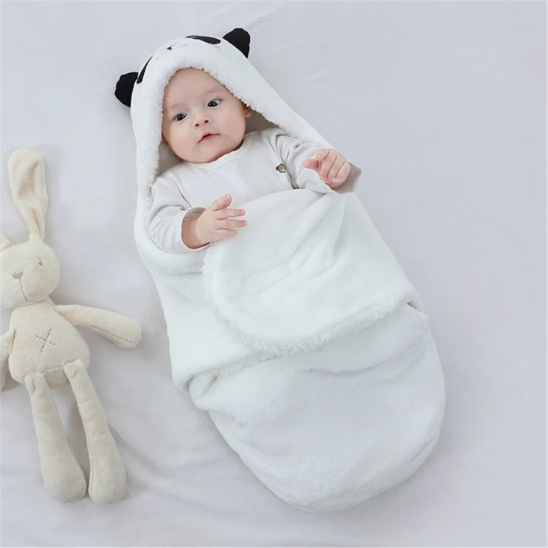 Soft Flannel Winter Warm Baby Swaddle Blanket Thicken Plush Lining Hooded Blanket for 0-6 Months Newborn Envelope Cocoon Blanket 4