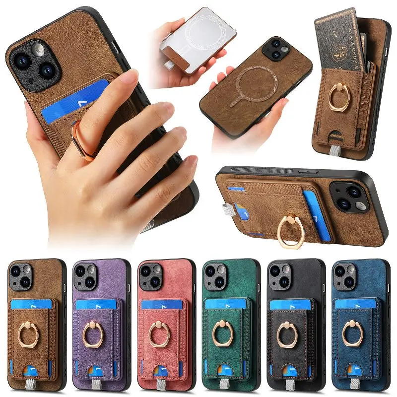

Magnetic Removable Card Case Phone Case For iPhone 15 Pro Max 14 Plus 13 12 11 Pro XR X Xs Max 6 7 8Plus Finger Ring Phone Cover