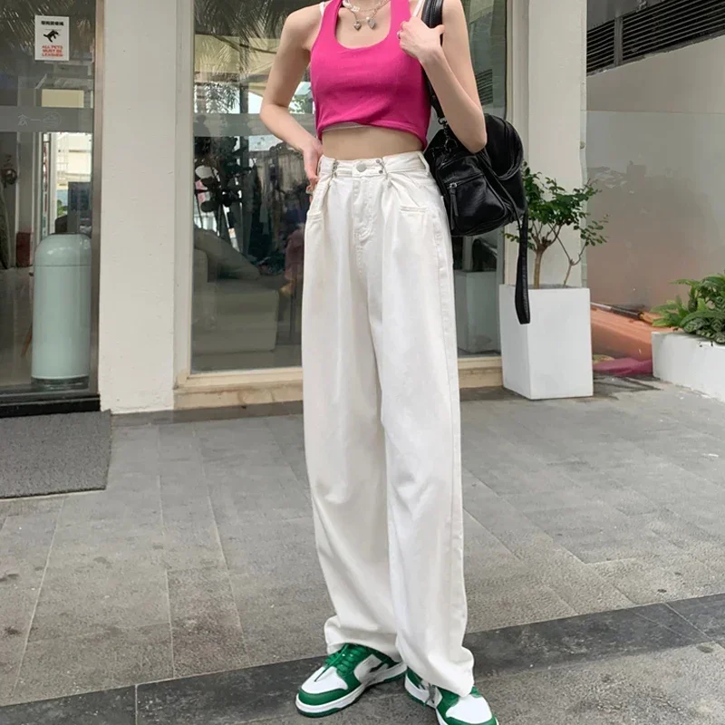 New High Waist Slimming Loose Butt Buckle Loose Straight Pink Fashion Casual Denim Trousers Ladies Korean Wide-leg Women Pants