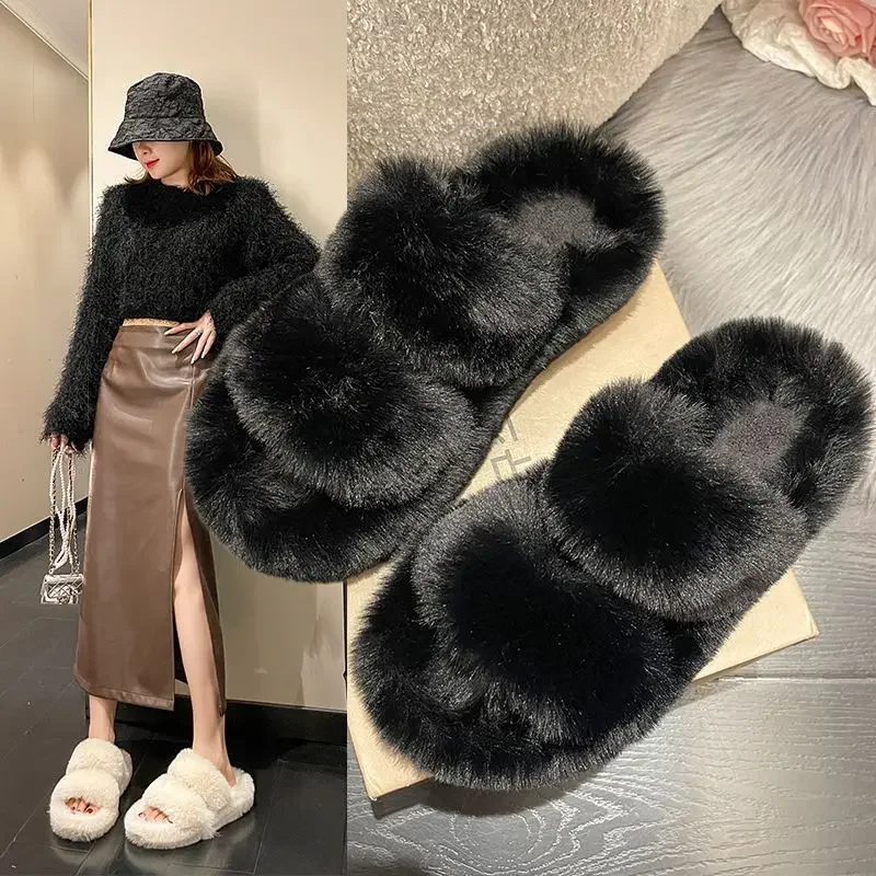 

New Winter Open Toe Slipper Fashion Fur Thick Sole Flats Heel Ladie Casual Slip On Bedroom Shoes Soft Outdoor Slides Shoes Gift2