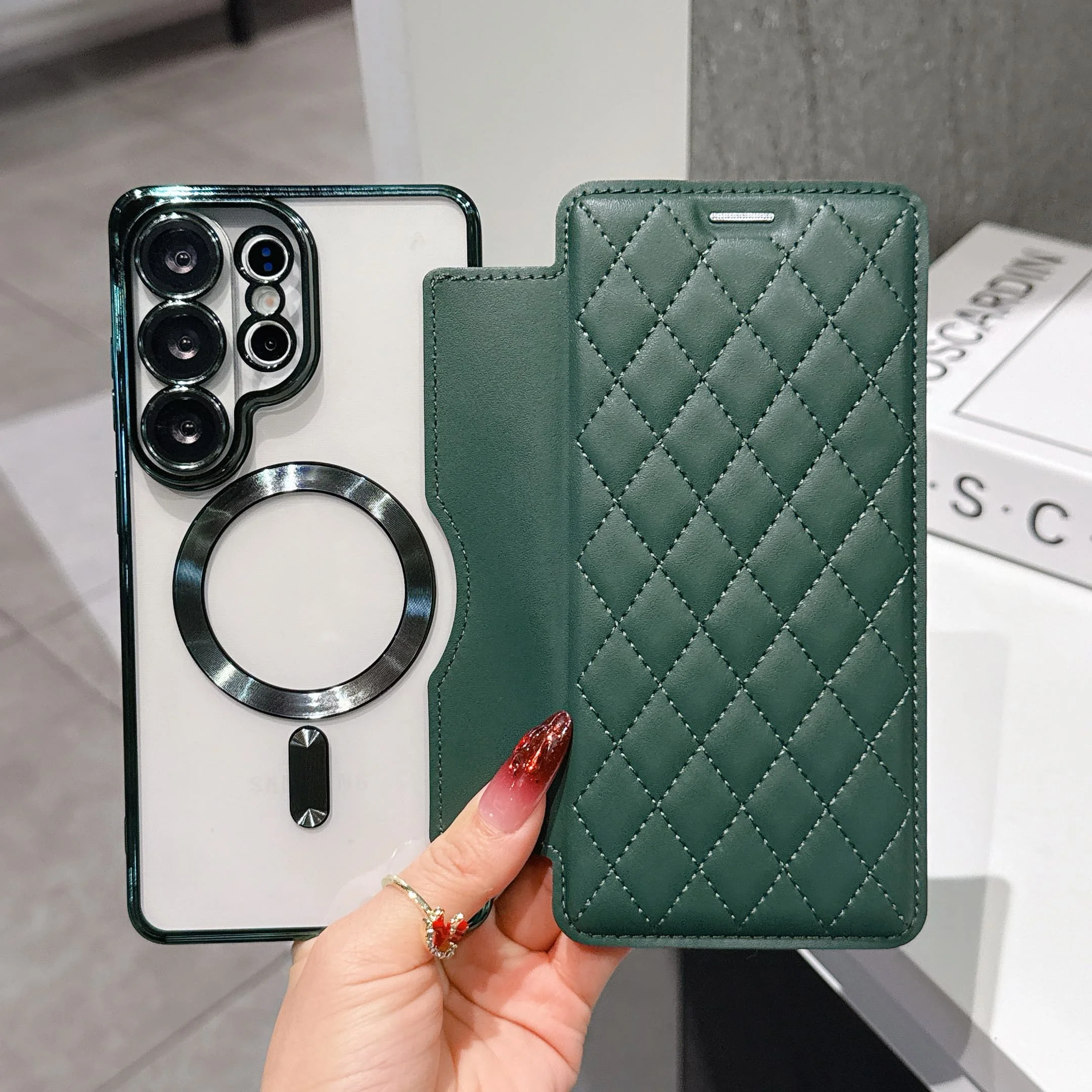 Premium PU Leather Magnetic Flip Wallet Case with Card Slots and Wireless Charging Compatibility