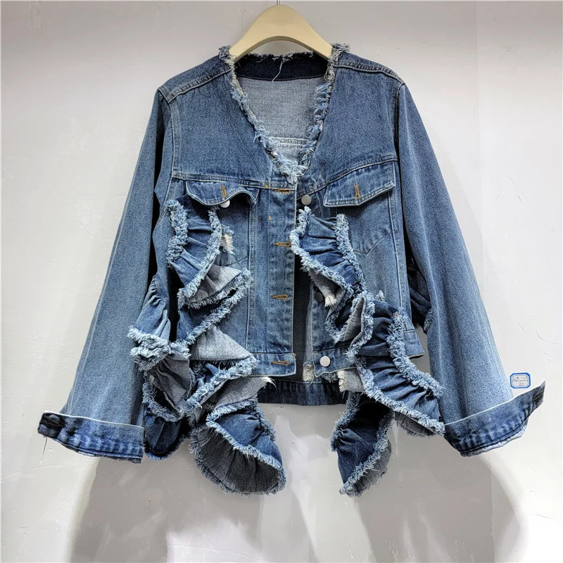 

Korean Vintage Blue Ruffles Denim Jacket Women Frayed V Neck Big Pocket Cowboy Outerwear Casual Short Jeans Jacket Coat Female
