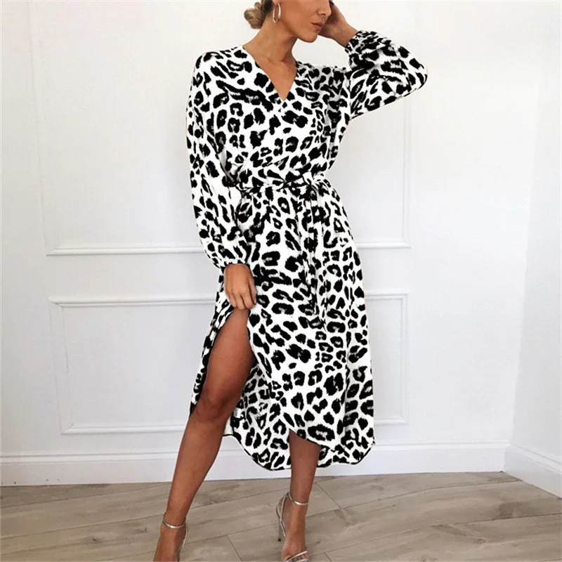 

Fashion Leopard Print Casual Slim Women's Sexy V Neck Temperament Commuting Lace Up To Show Thin Long Sleeved Chiffon Dress 3XL