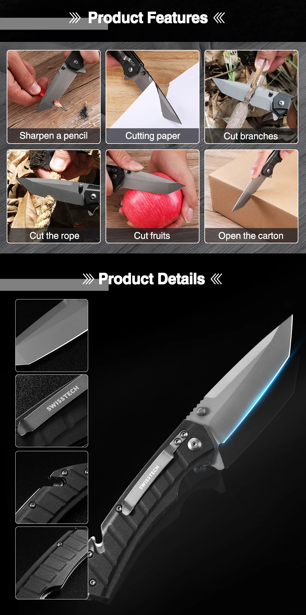 Description Picture 4 of itemSWISS TECH Folding Pocket Knife Outdoor Survival Tactical Knife Camping Hiking Hunting Knives for Self-Defense