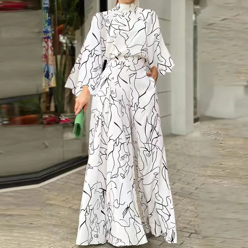 

2024 Summer New Fashion Women's Casual Black Graffiti High Neck Large Swing Long Jumpsuit 661