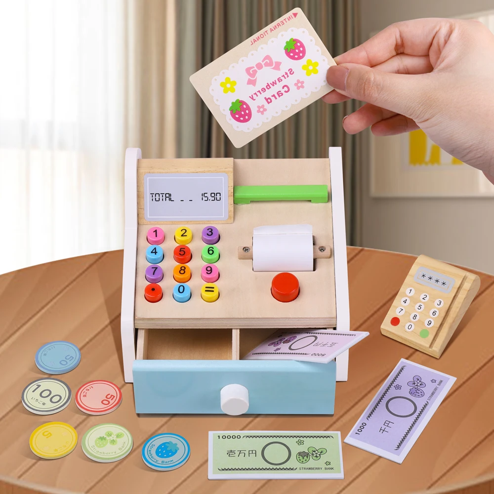 Wooden American cash register cash register card reader wooden card 7 coins 3 banknotes
