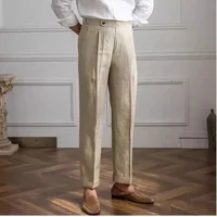 Spring Autumn Men 100% Linen Italian Naples Pants High Waist Straight Suit Trousers Fashion Lightweight Breathable Casual Pants 1