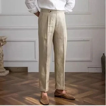 Spring Autumn Men 100% Linen Italian Naples Pants High Waist Straight Suit Trousers Fashion Lightweight Breathable Casual Pants 1