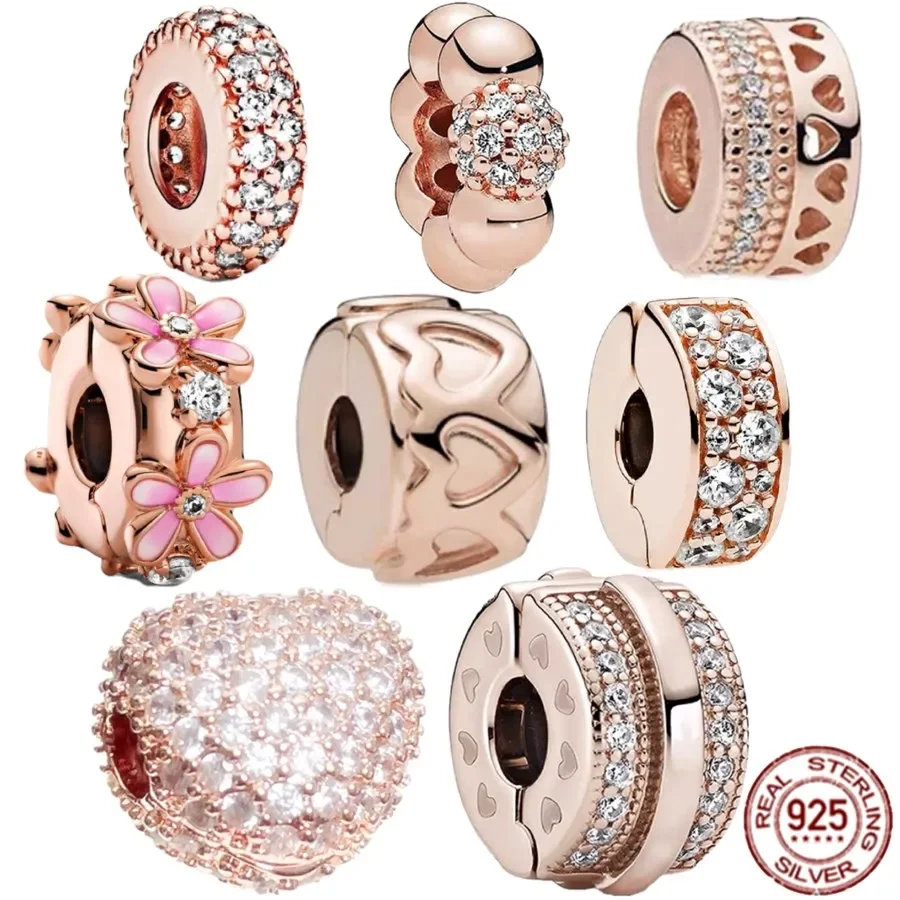 

Rose Gold Series Clip,Spacer,Daisy Clip 925 Sterling Silver Fit Original Pandora Bracelet heartshaped Charm Bead DIY Jewelry