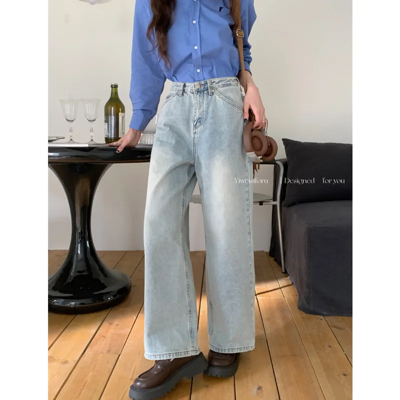 

Summer Blue Womens Jeans High Waist Baggy Casual Vintage Straight Y2K Pants Streetwear American Wide Leg Denim Classic Trouser