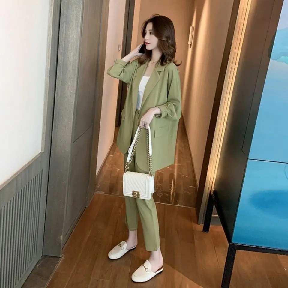Womens 2 Pant Sets Green Outfit Baggy Two Piece Set Pants for Women Blazer and Trouser Suit New In Matching Groups Casual Tailor