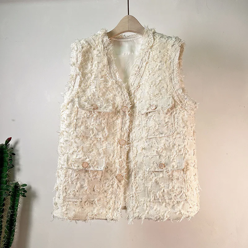 

Autumn Spring New Fashion Thick Flower Woolen Cloth Vest Outerwear Coat Women's Loose Tassel V-Neck Single Breasted Waistcoat