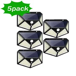 Set of Solar - Powered Outdoor LED Wall Lamps with PIR Motion Sensor for Garden or Courtyard Illumination (100LED 5Pcs- Black)