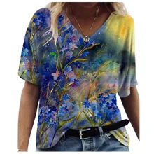 

New Summer T Shirt Women Short Sleeve Floral Print T Shirt Casual Loose Oversized Tops Streetwear Fashion Ladies Cotton Tee
