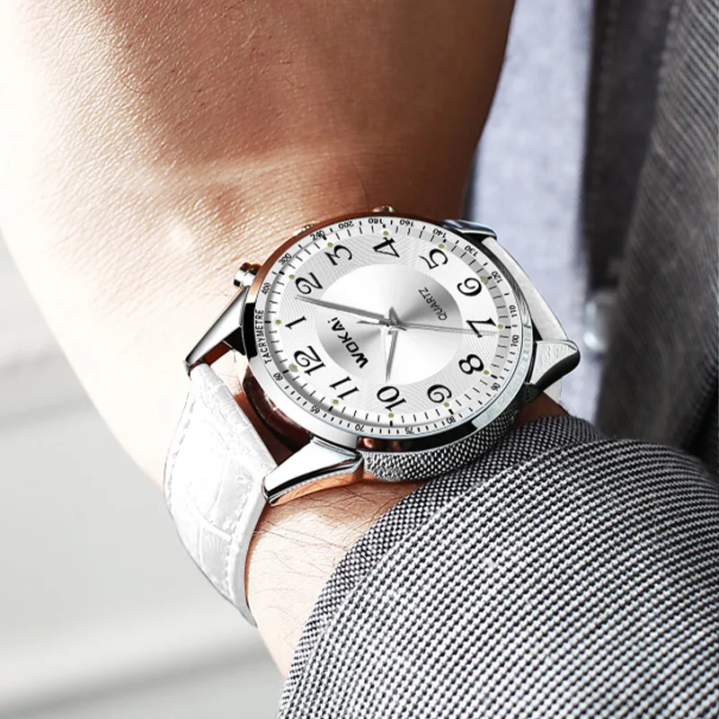 Low Price Hot Sale WOKAI Watch Men Casual Sports White Watches Leather Band Quartz Wristwatches Men Men Watches Top Brand Luxury 4