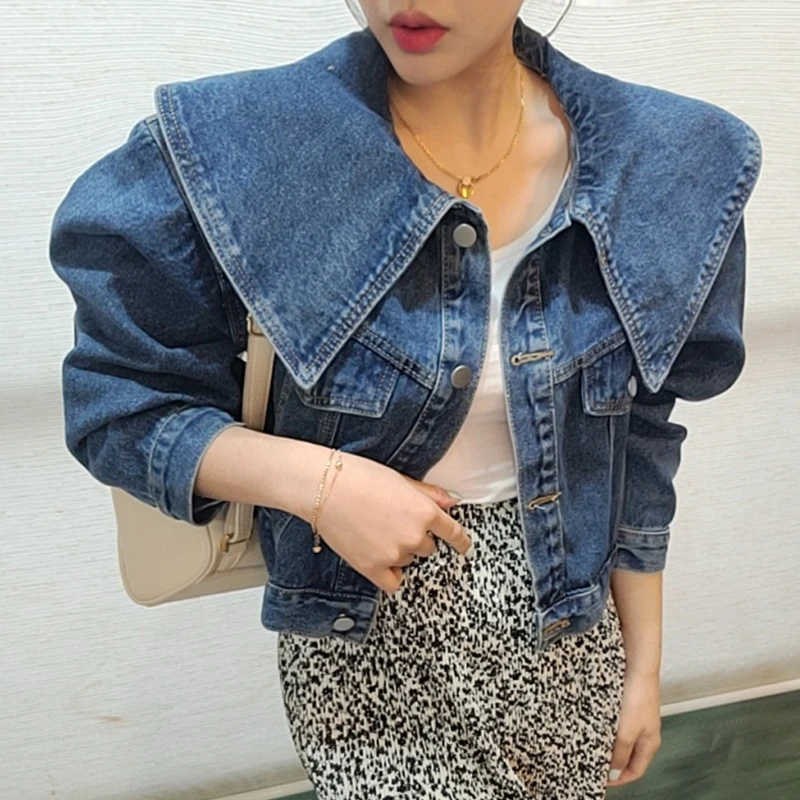 

Unique Design Jeans Jackets for Women Long Sleeve Peter Pan Collar Oversized Denim Coats Vintage Casual Crop Jacket 2024 New