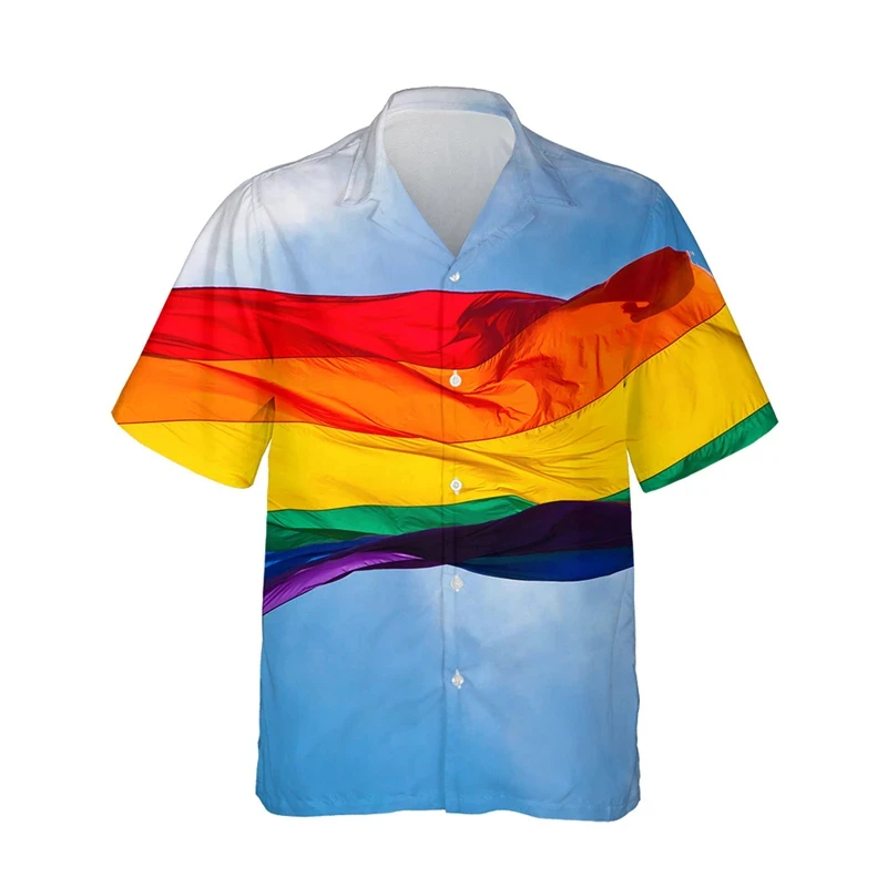 Camisetas con la bandera del arcoíris LGBT para hombres y mujeres, camisetas con estampado 3D, personalidad, solapa fresca, botón único, blusas de verano de manga corta