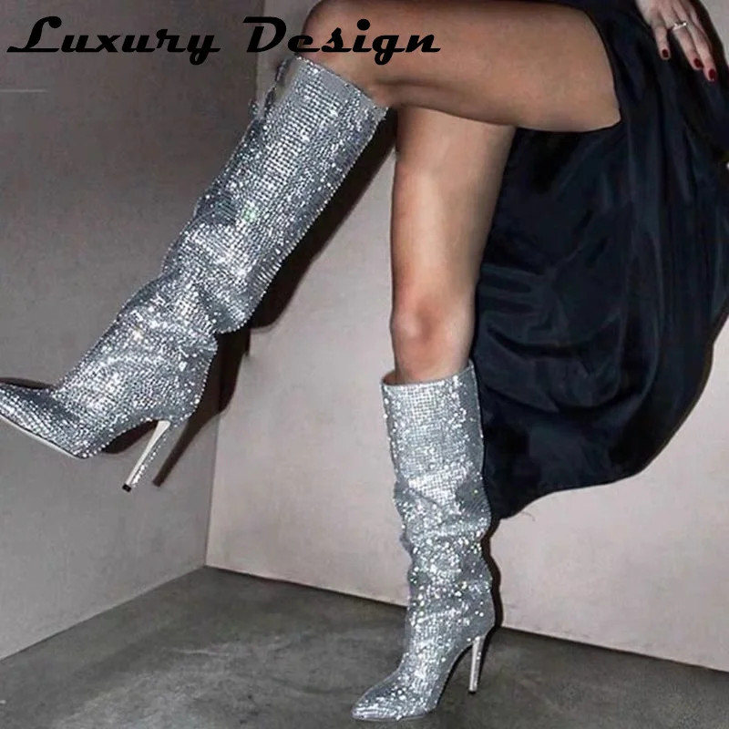 

Rhinestone Knee High Long Boots Luxury Design Shiny Catwalk Boots Women Sexy Pointed Stiletto Heels Party Wedding High Boots