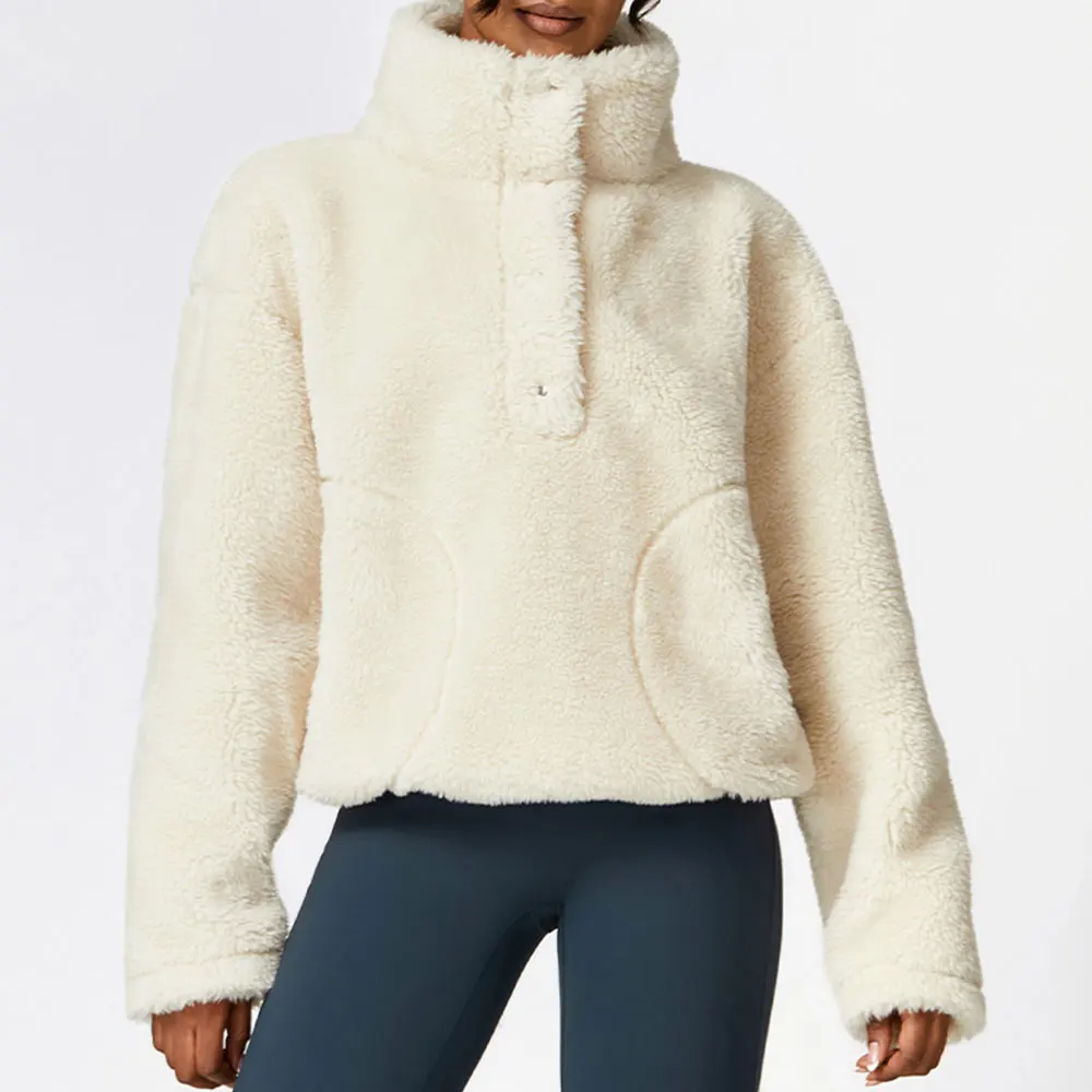 

Winter Outdoor Yoga Long Sleeves Fitness Exercise Fleece Coat Top Brushed Loose Warm Lamb Fleece Coat