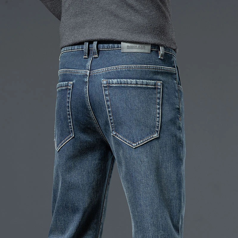 Winter Warm Jeans Men's Fashion Retro Blue Thickened Loose Straight Pants Brand Business Casual Stretch Washed Denim Pants 5
