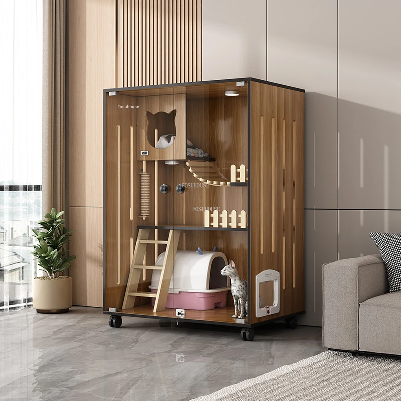 Nordic Solid Wood Cat Cages Indoor Transparent Glass Cat House Simple Panoramic Large Villa Household Waterproof Cage