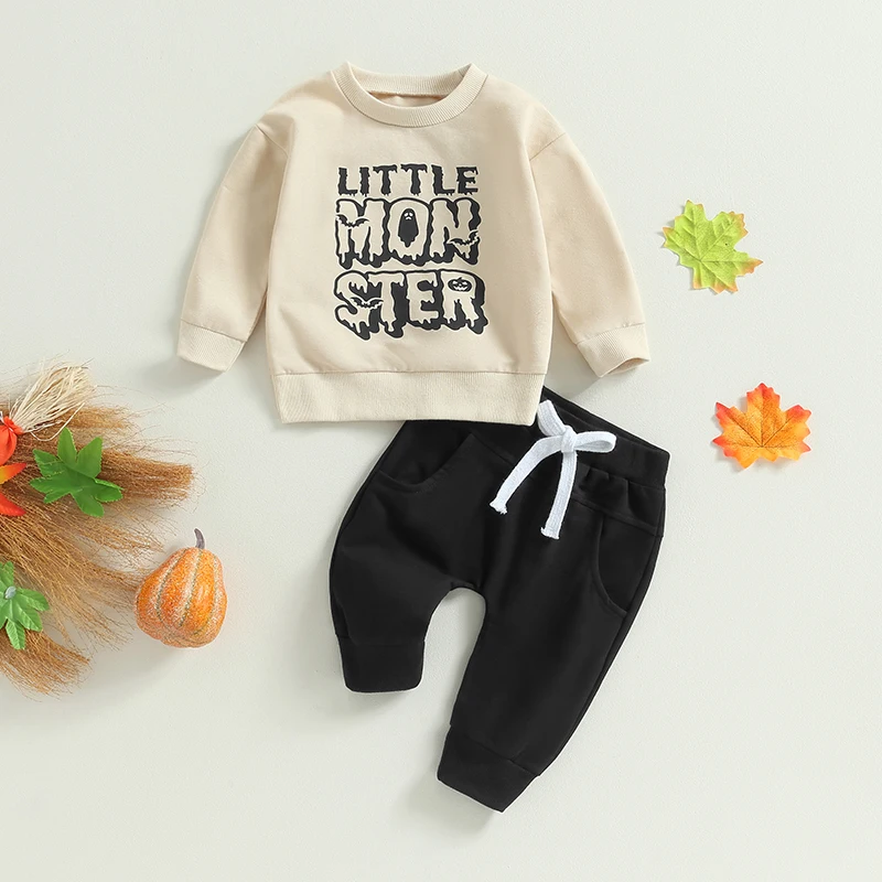 

Toddler Boys Fall Halloween Outfits 2Pcs Clothes Letter Print Crew Neck Long Sleeve Sweatshirts and Long Pants Set