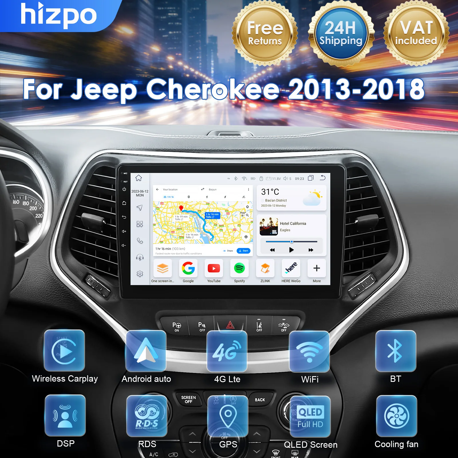 Hizpo Pantalla QLED AI de 10,1 pulgadas, sistemas inteligentes para coche, para Jeep Cherokee 5 KL 2013 - 2018, reproductor estéreo RDS, Multimedia, CarPlay, Android, Auto, DSP, cámara 360 1