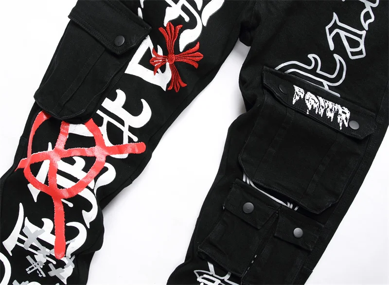 Description Picture 6 of itemBlack Personalized Jeans Men's Street Printing Japanese Style Trendy Workwear Multi-Pocket Slim Fit Patchwork Skinny Pants