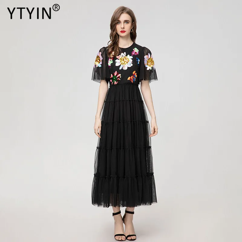 

YTYIN New Fashion Summer Runway Women's Round Neck Short-Sleeved Sequin Patchwork Mesh Wooden Ear Vintage Elegant MIDI Dresses