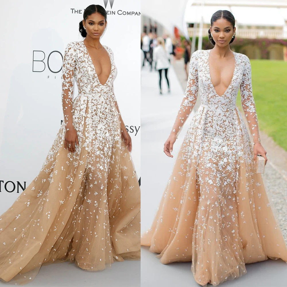 

Elegant A-Line Celebrity Dresses For Women V-Neck Skirt Slim Fit Sweep Train Long Sleeves Appliques Dress Prom Party Customize