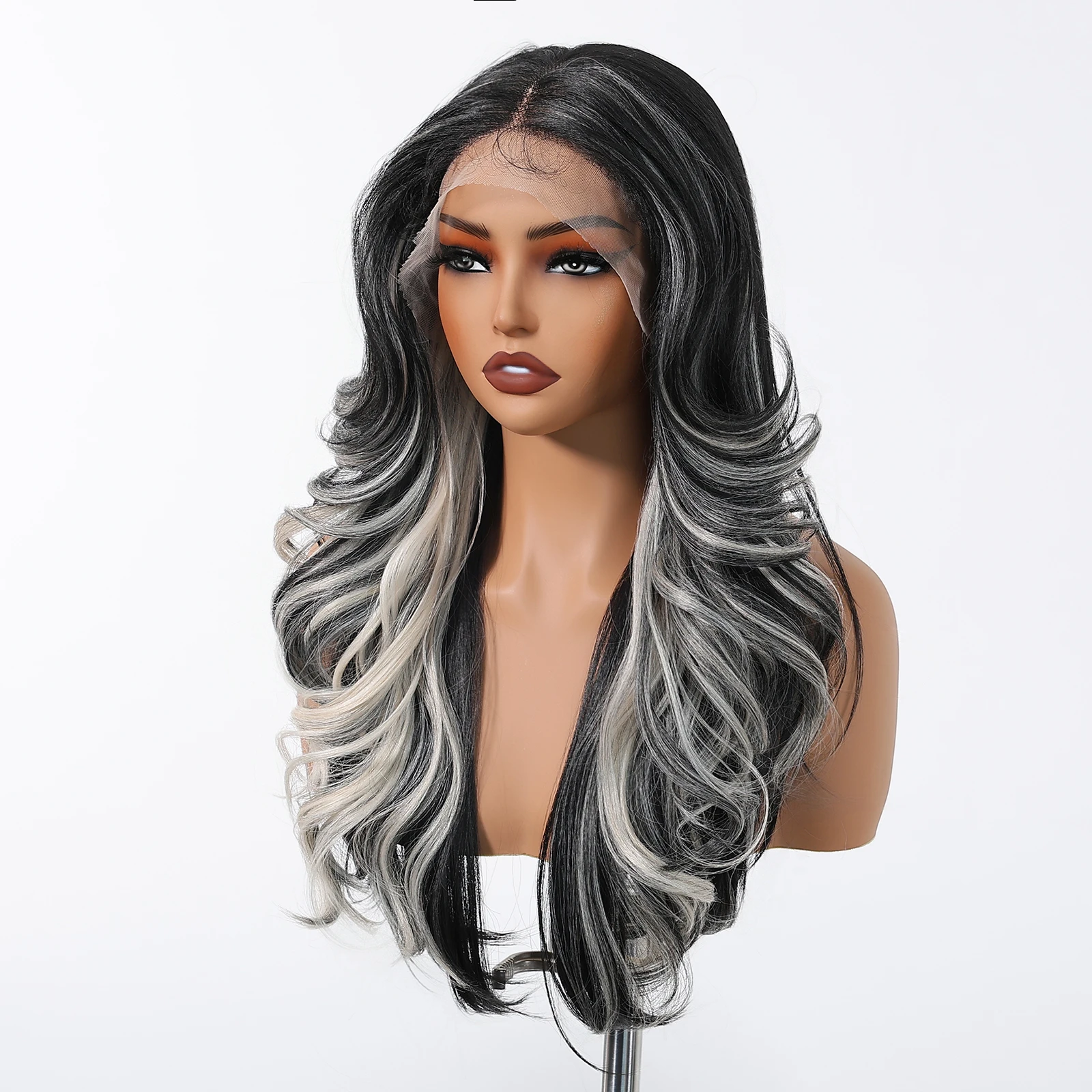 HENRY MARGU Long Wavy Synthetic Lace Front Wig Black White Highlight Curly Wig 13*4 Lace Frontal Natural for Women Daily Use synthetic wig