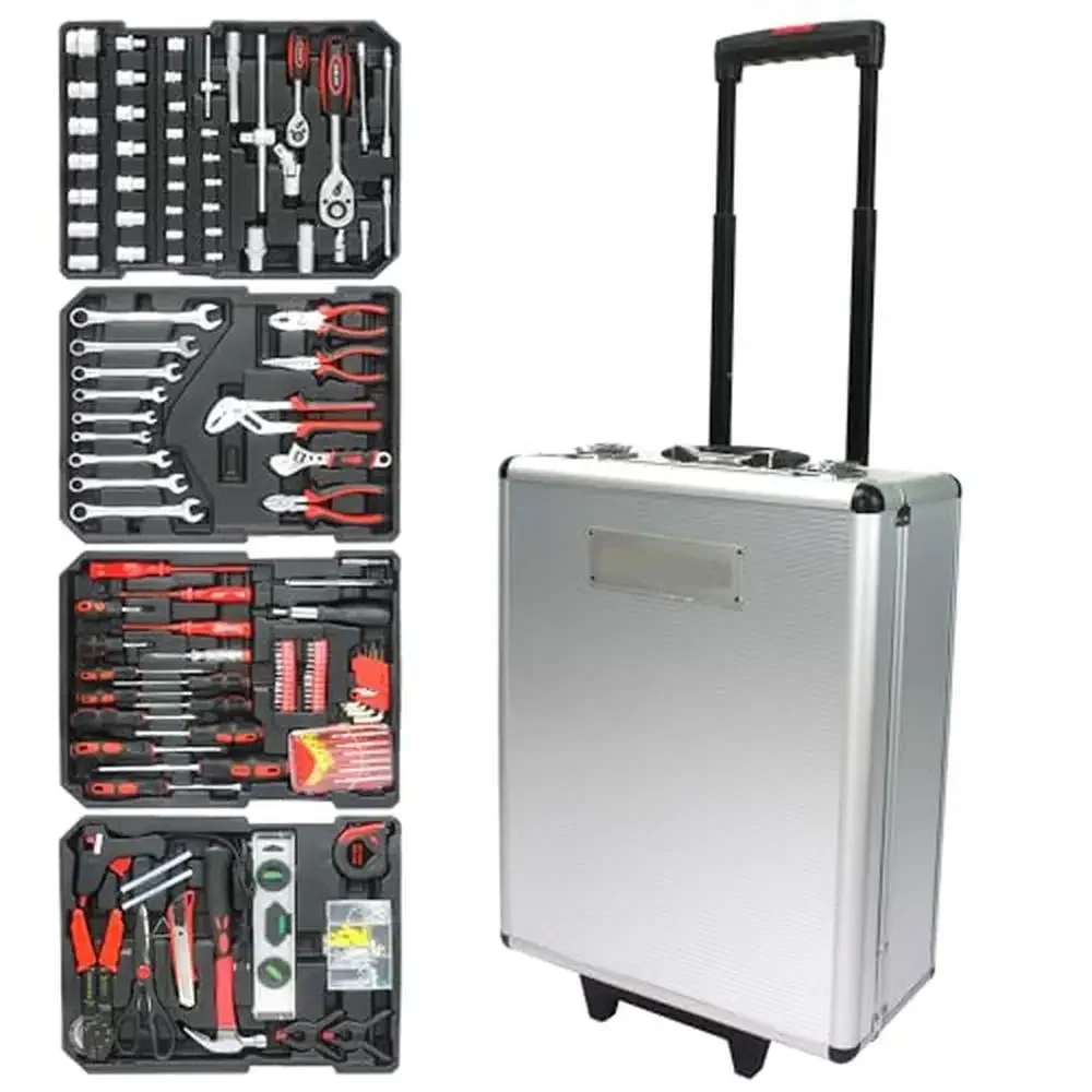 4 Layers Sliver Aluminum Rolling Tool Case Box on Wheels with 899pcs Household Tool Set Kit Durable Trolley Toolbox Home Repair