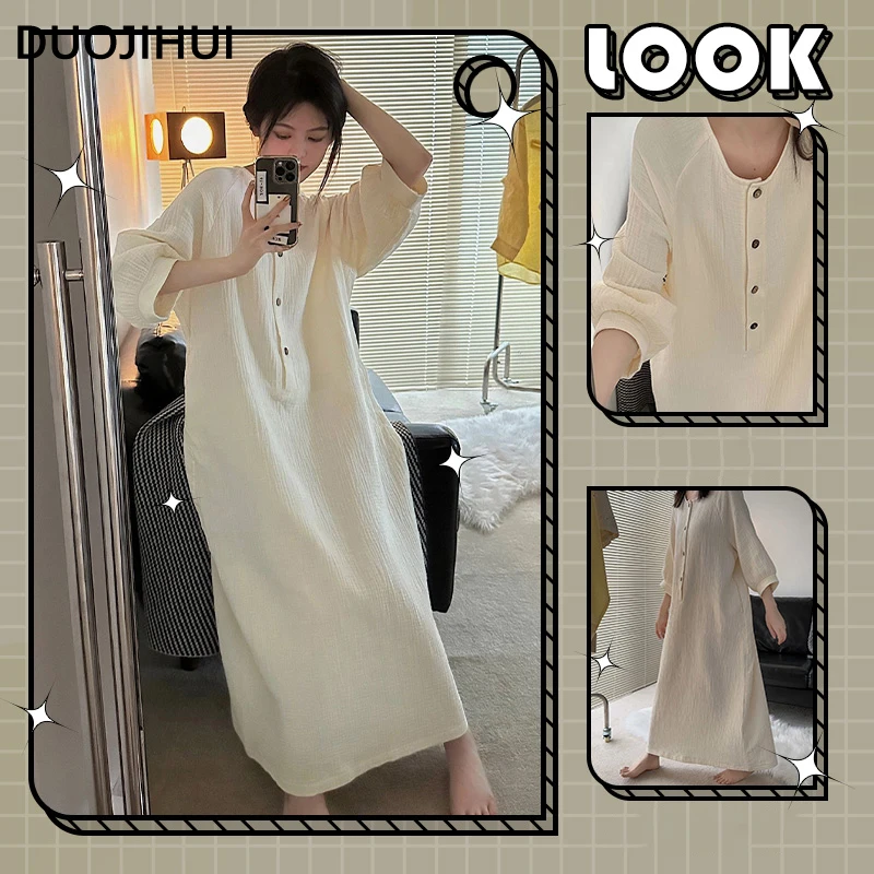 

DUOJIHUI Ins Solid Color Loose Chicly Female Nightgowns Classic O-neck Cardigan Long Casual Pants Fashion White Sleepwear Women