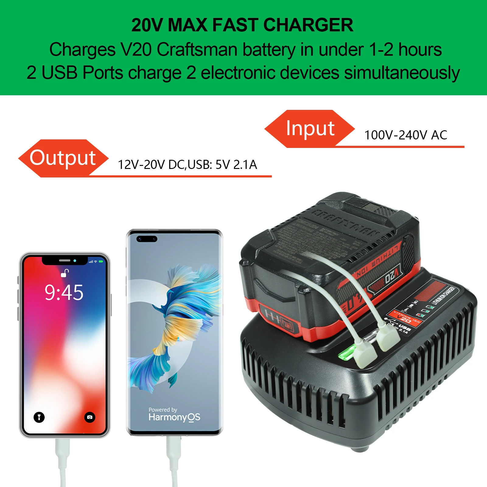 For Craftsman Li-ion Lithium Battery 18V 20V Fast Charger With Dual USB Port For