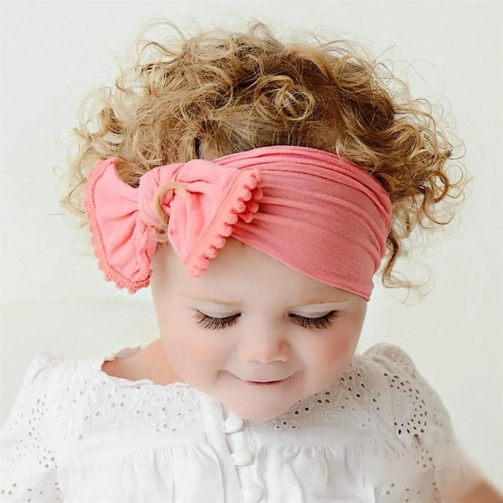 Cute Bow Knot Nylon Turban Headband Newborn Baby Girls Hair Accessory Little Pompom Ball Infant Nylon Bow Headwrap Babe Headwear