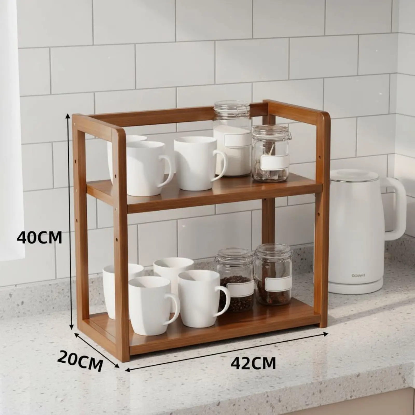 다층형 수납랙 견고한 2단 책상 선반 2단 나무 정리대 미끄럼 방지 테두리 디자인 나무 머그컵 랙