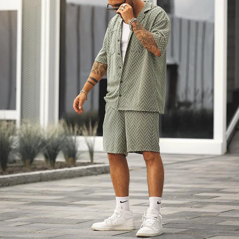 Spring Summer Men's Sports Casual Suit Fashion Printed Cardigan Short Sleeve Shirt Shorts Two Piece Set