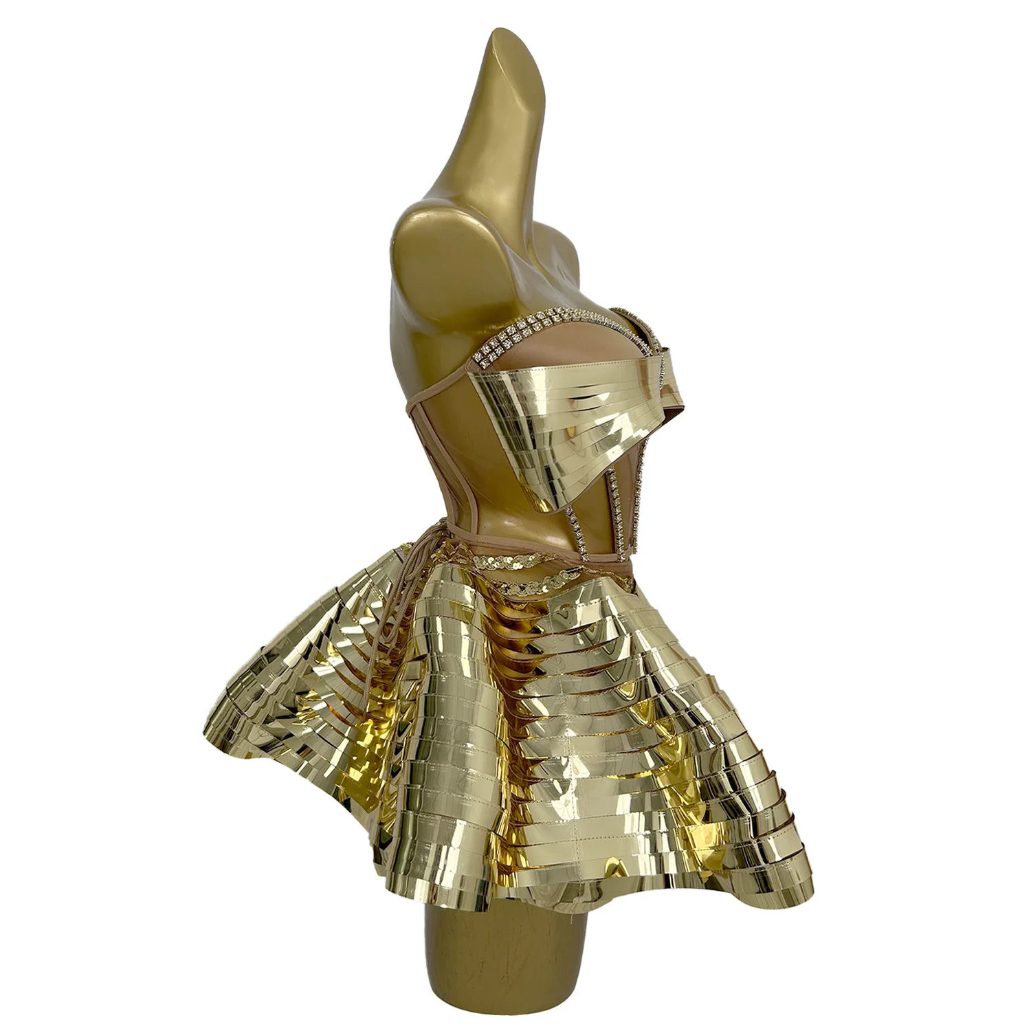 Sparkly Gold Diamond Sexy Top Short Skirt 2-Pcs Set Women Celebrate Party NightClub Performance Dancer Stage Outfit Feidie 3