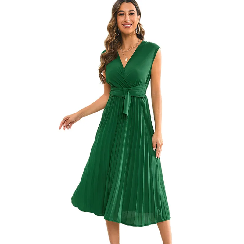 

Elegant Dress Ladies Luxury Party Sleeveless Pleated Slim Long Prom Social Evening Dress Green V Neck Ties Summer Plus Size