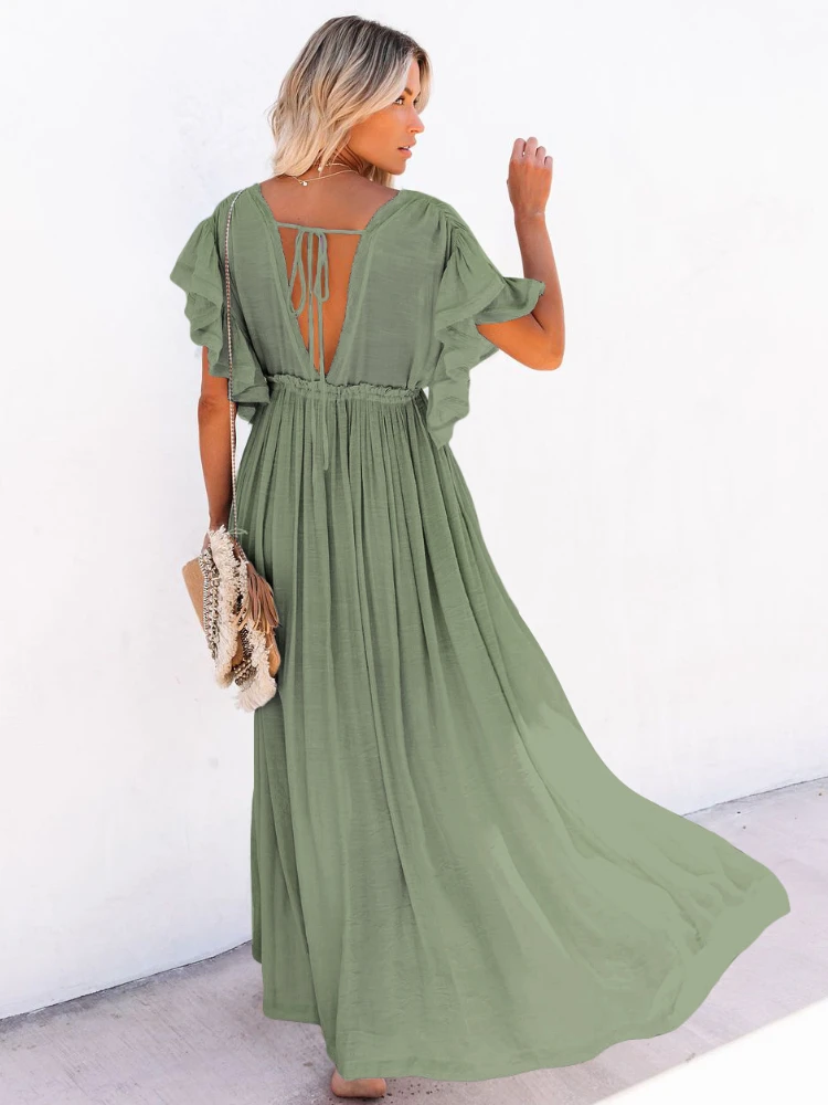 Beach Dress Maxi Women Summer Ruffle Sleeve Deep V Neck Solid Elegant Bohemian Wedding Outfits Bikini Cover Up Robe Beachwear