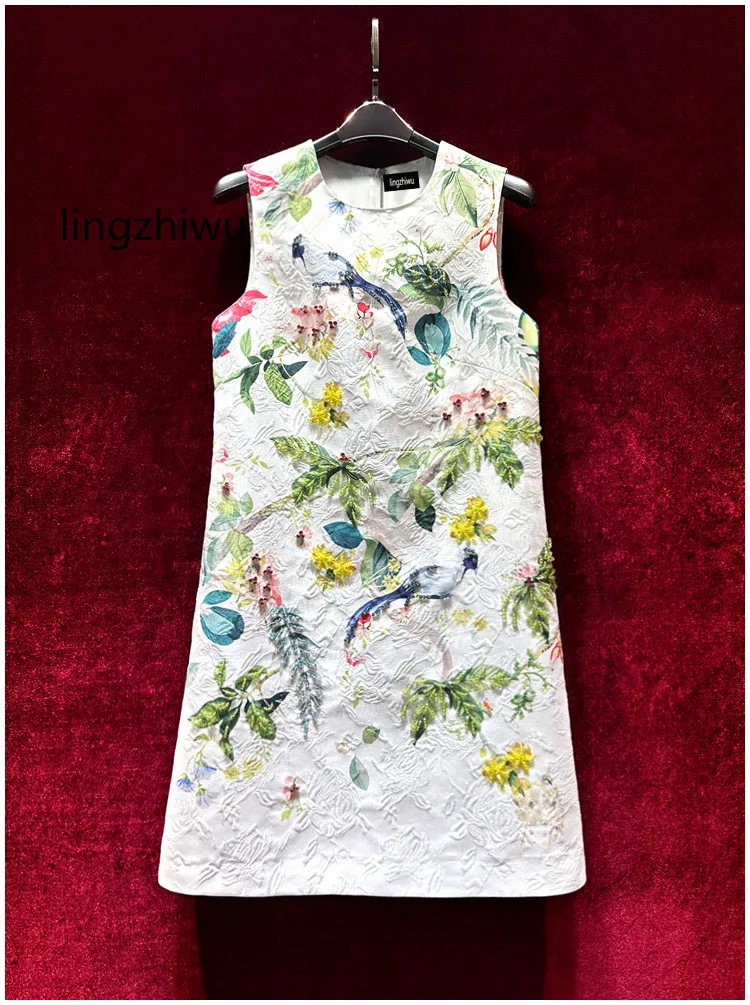 

lingzhiwu Jacquard Dress French Vintage Print Handmade Beading Top Quality Exquisite Sleeveless A-Line Dresses New Arrive