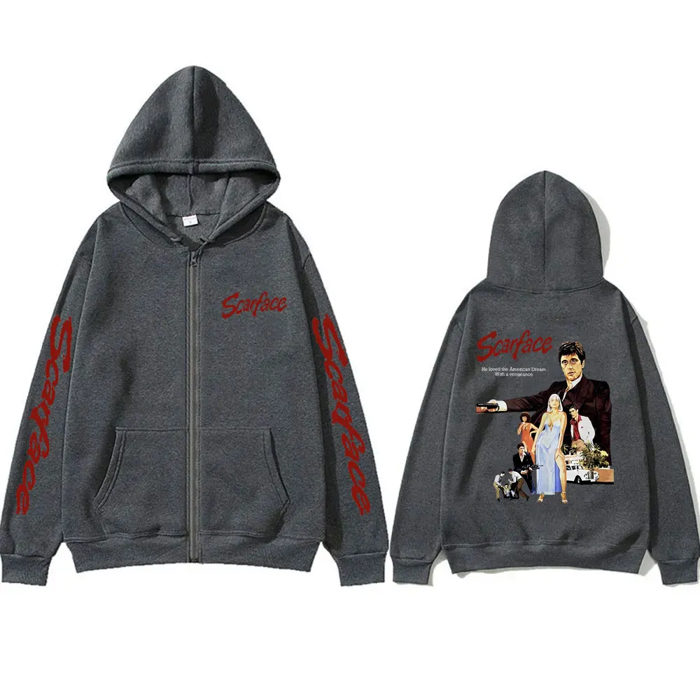 90s Vintage Movie Scarface Tony Montana Zipper Hoodie Al Pacino Print Hoodies Men Women Hip Hop Casual Oversized Zip Up Jacket