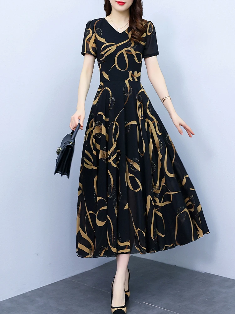 

Women Clothing Midi Dress Black Chiffon Floral Long Casual Beach Boho Elegant Fashion Summer Party Vacation Evening Dresses 2023