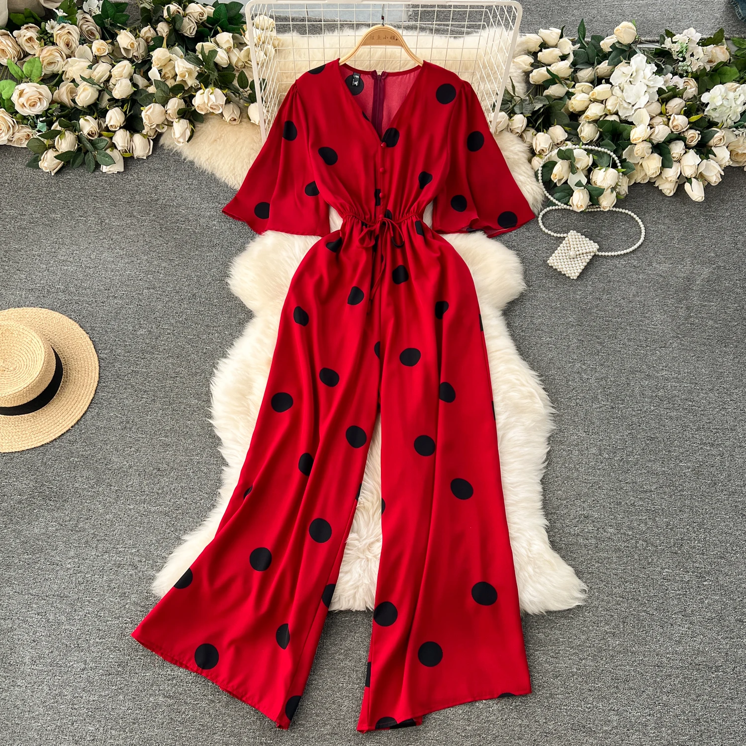 

New temperament V-neck slim wide-leg pants polka dot printed jumpsuit