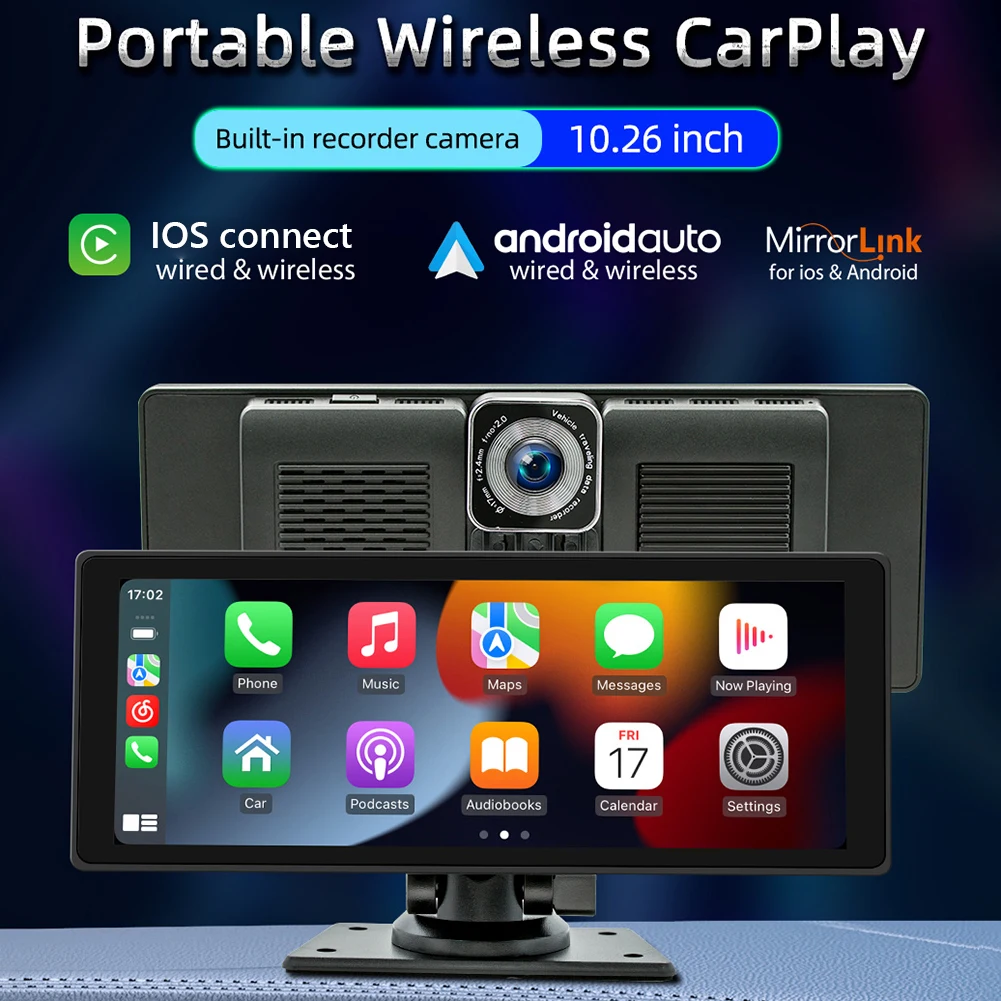 

Wireless Carplay Android Auto Car Stereo Radio Mirrorlink Dash Cam Multimedia Player 10.26 Inch Touchscreen Audio Radio HD 1080P
