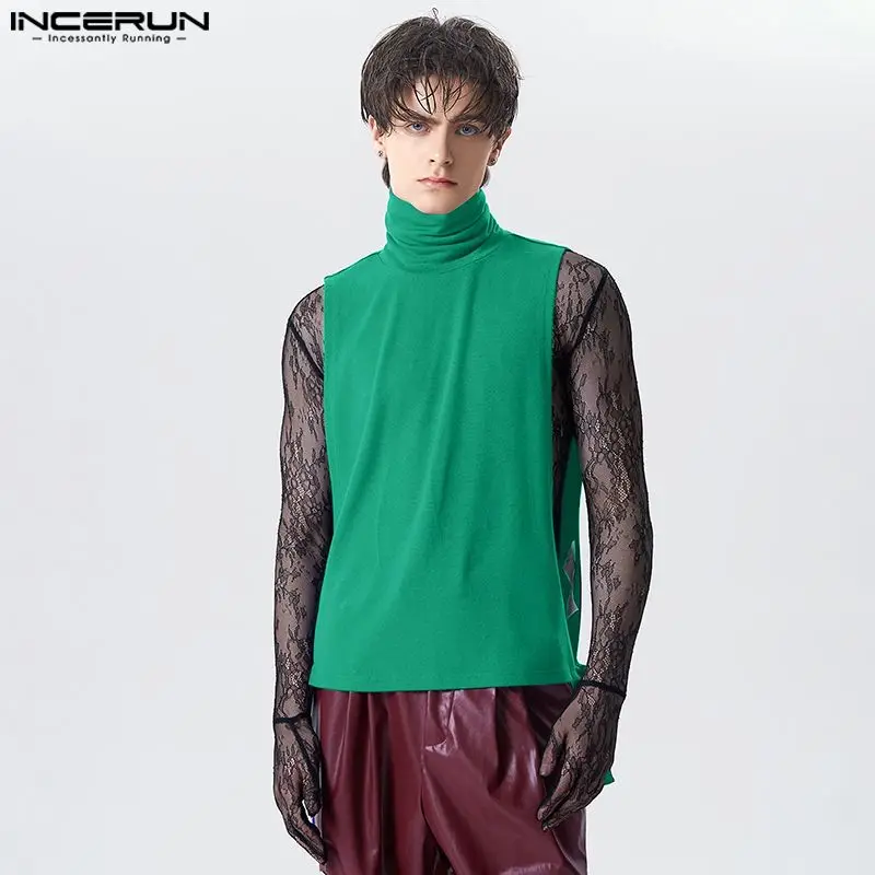 

Майка INCERUN мужская с воротником-хомутом, уличная одежда без рукавов, на завязках, модный жилет с разрезом на подоле, однотонная повседневная искусственная кожа, 2024