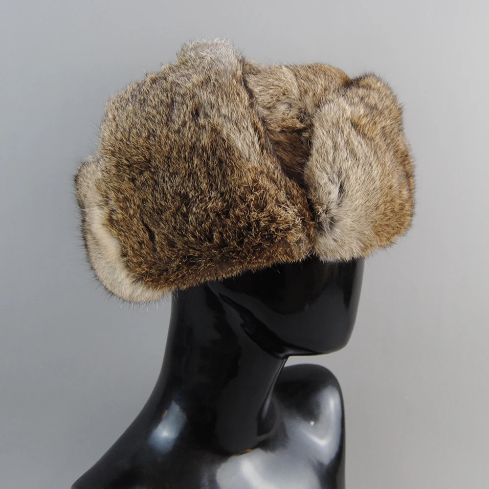 New Men Russian Winter Real Rabbit Fur Bomber Hat Super Warm 100% Natural Rabbit Fur Hats Male Full Pelt Genuine Rabbit Fur Cap 4