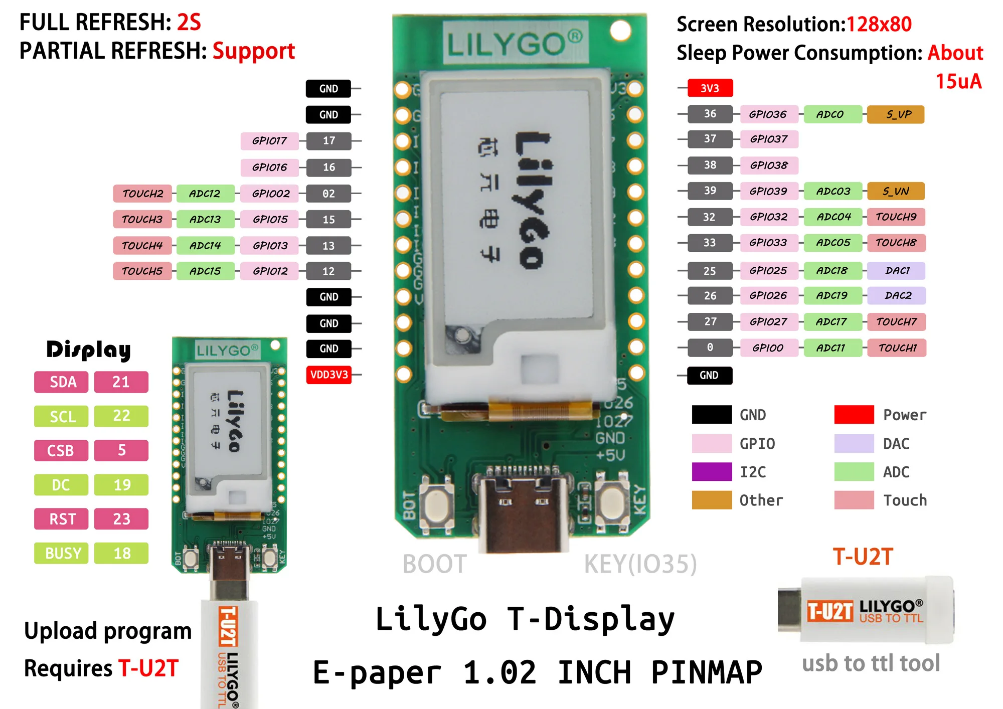 ® T-Dispay E-paper 1.02 inch Adapt to T-U2T USB To TTL Automatic Downloader