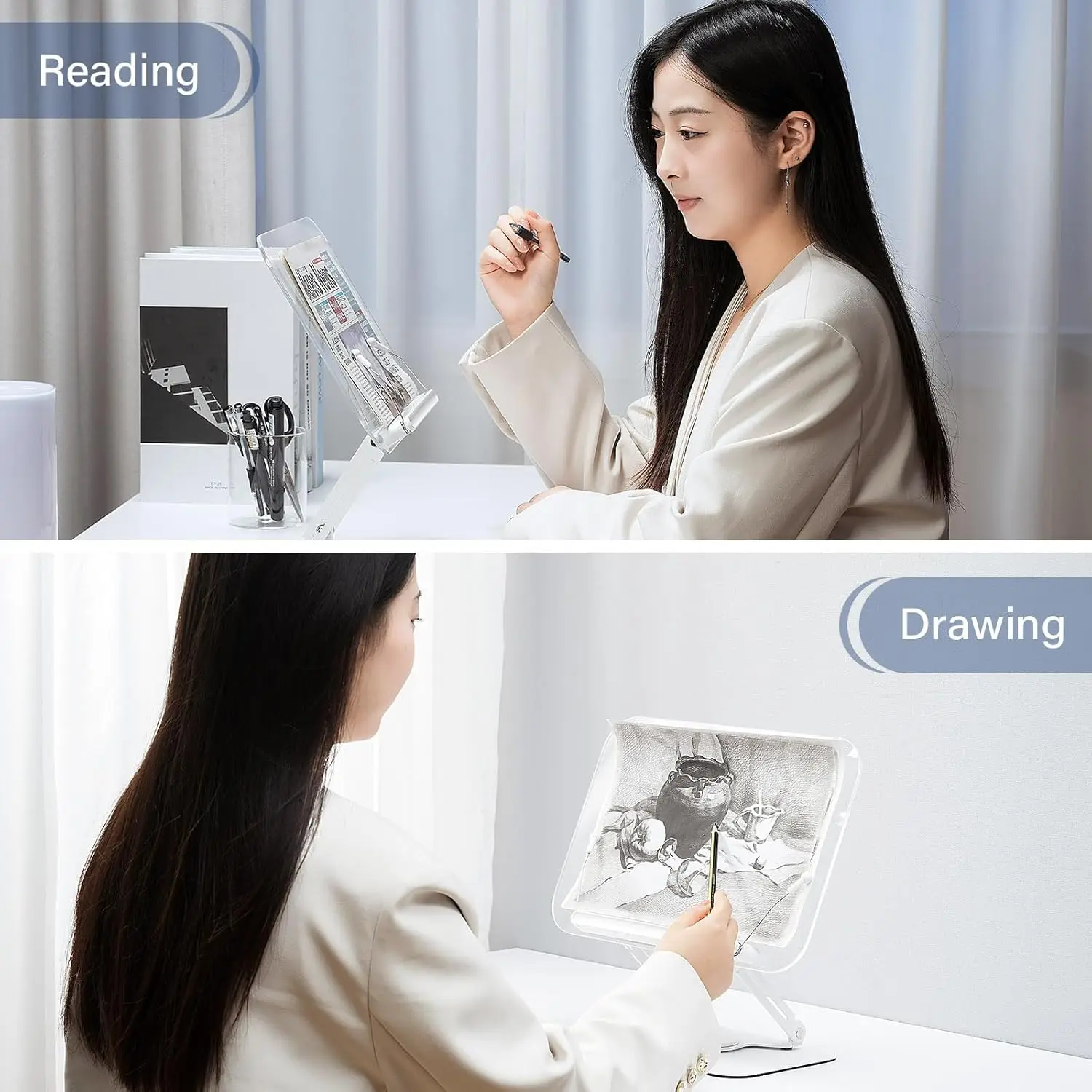 Acrylic Book Stand for Reading, Adjustable Book Holder with 360° Rotating Base &