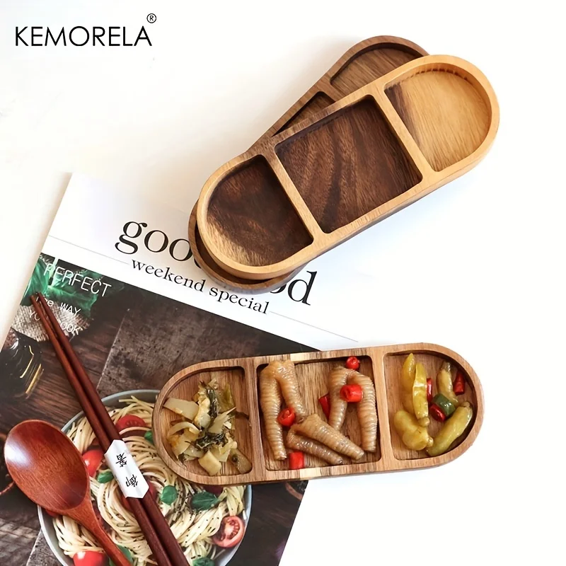 1PCS Acacia Wood Oval Three Compartment Japanese Dip Plate Breakfast Dip Plate for Japanese Pickled Vegetables dessert plate